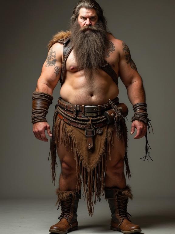 Large chunky hairy man with a long flowing beard wearing a leather harness and loincloth. Body jewelry is prominent. He wears boots. Background is neutral.
