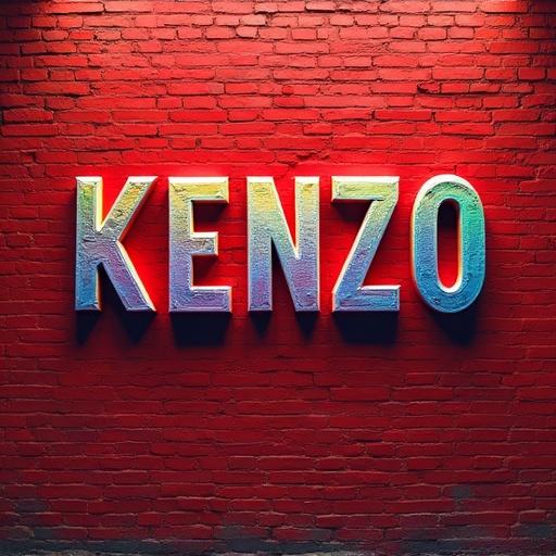Vibrant gradient logo reads 'KENZO' on an old red brick wall. Bright colors and textured surface enhance visual appeal.