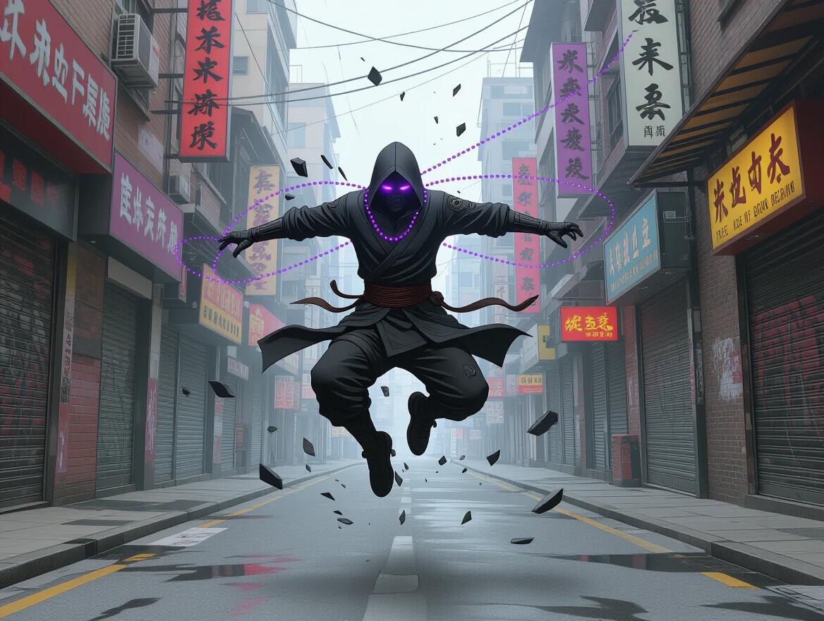 Rogue cyber monk jumps in the air over a shattered street. Body positioned in the top third of the frame. Black ink slashes suggest motion lines. Purple neon lights on prayer wires. Chaotic energy fills the scene with an asymmetrical balance. Rule of thirds applied with a diagonal axis.