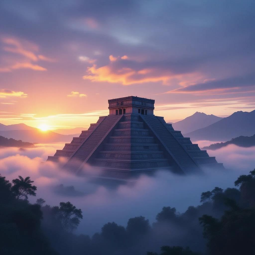 Grand Aztec pyramid sits surrounded by mist during dawn. Sky glows in purple and pink hues. Mountain backdrop adds depth. Image is hyper-realistic and cinematic style. 8K resolution brings out intricate details.