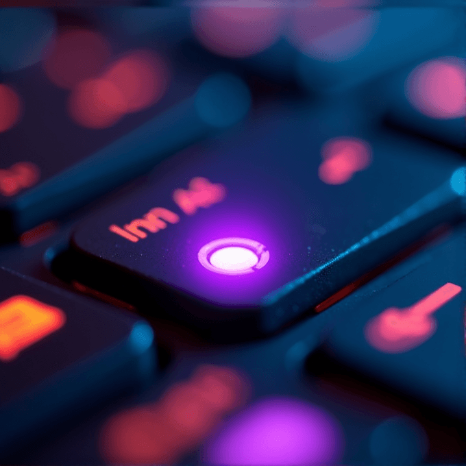 A close-up of a keyboard key glowing with a purple light, surrounded by other keys with red symbols.