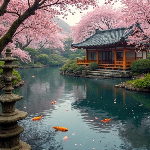 In a serene Japanese garden, cherry blossoms flutter in the wind, drifting down onto a tranquil pond. Koi fish glide beneath the surface, disturbing reflections of stone lanterns and bamboo stalks. A bamboo fountain drops water softly. The scene captures petals swirling midair. The atmosphere is calm, framed by rustling bamboo leaves and distant temple bells.