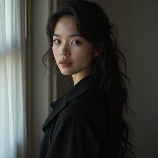 Tall woman standing by a window. Pale skin illuminated by soft moonlight. Dark hair cascading past shoulders. She wears layers of silk and tailored wool. Soft, expressive posture. Intentional movements suggest depth and complexity.