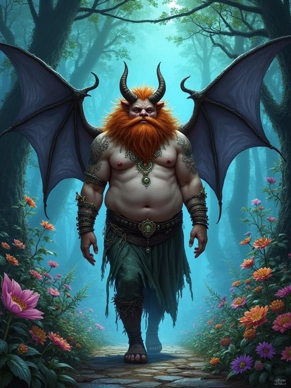 Chubby humanoid character with ginger hair and bat wings walks confidently through a vibrant, misty forest filled with glowing flora. The character has horns and wears body jewelry, showcasing a fantasy theme. The scene is rich with colors and evokes a sense of magic and wonder.