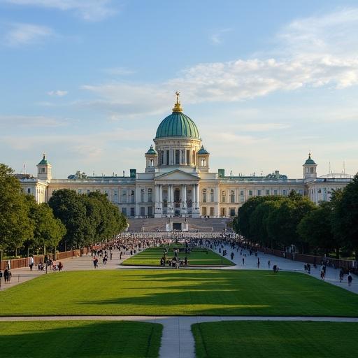 Wide view from Saint Isaac's Cathedral in Saint Petersburg, Russia. Architectural details of the cathedral and surrounding green landscape visible. People walking in the foreground.