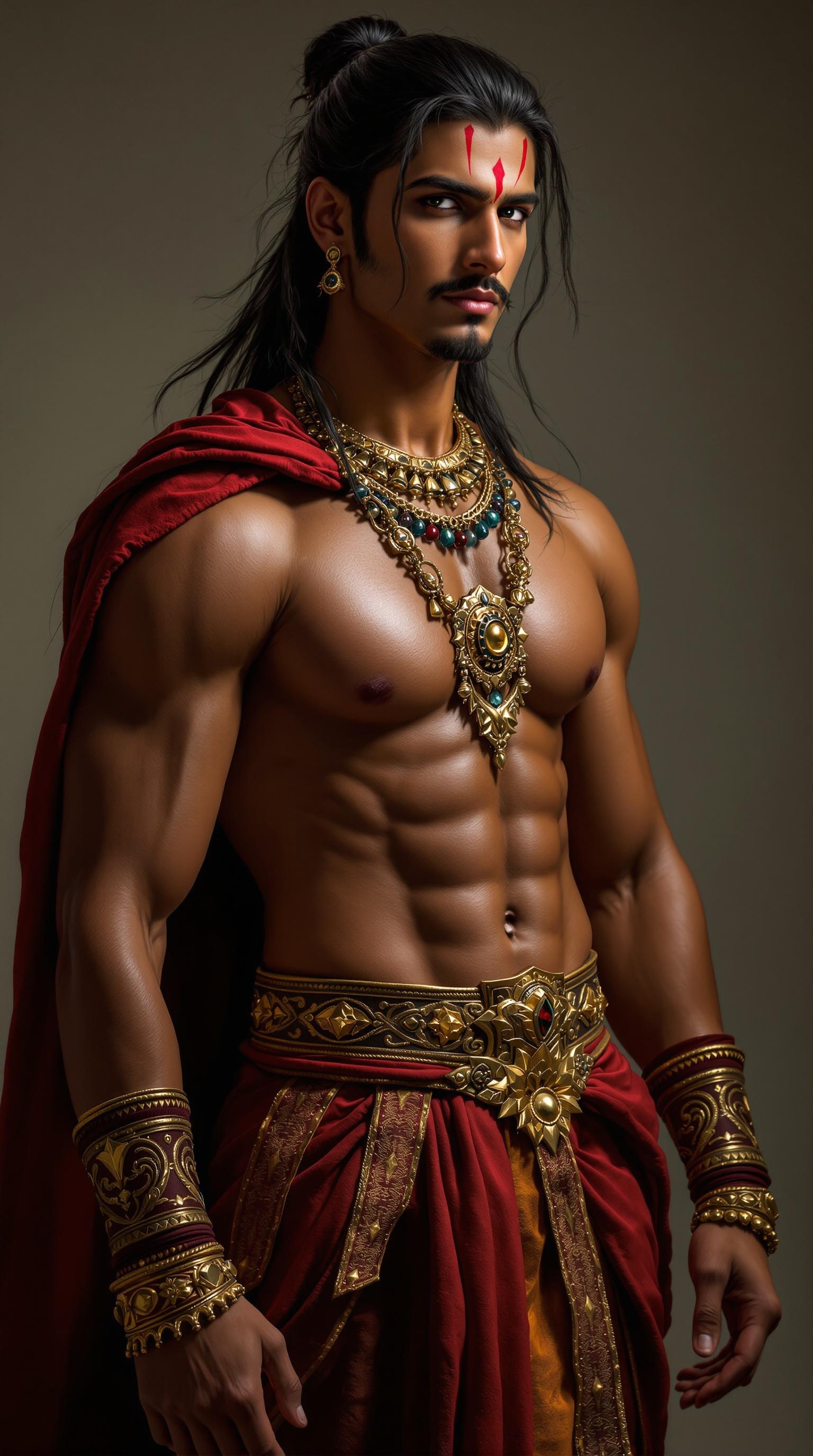 The image features a 19-year-old Indian prince with an impressive athletic build. He is dressed in royal warrior attire adorned with intricate jewelry, reflecting a sense of flamboyance. His long hair is tied back, emphasizing his chiseled physique. The rich colors of his garments and accessories contribute to the royal aesthetic. The artwork highlights traditional elements while portraying a powerful figure, suggesting both grace and strength.