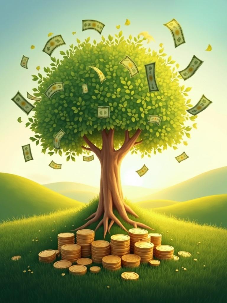 A whimsical depiction of a tree made of money. Leaves shaped like dollar bills flutter in the breeze. Stacks of coins beneath the tree adorn the grass. The background has a serene landscape with soft rolling hills. The warm glow of the sun illuminates the scene. The colors are green and gold, suggesting abundance.