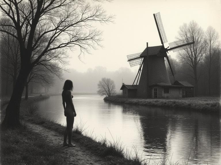 Medium shot of a naked woman standing alone by a winding river. Windmill in the background. Black and white etching with indian ink textures. Autumn atmosphere with muted colors. Soft light and serene reflections.