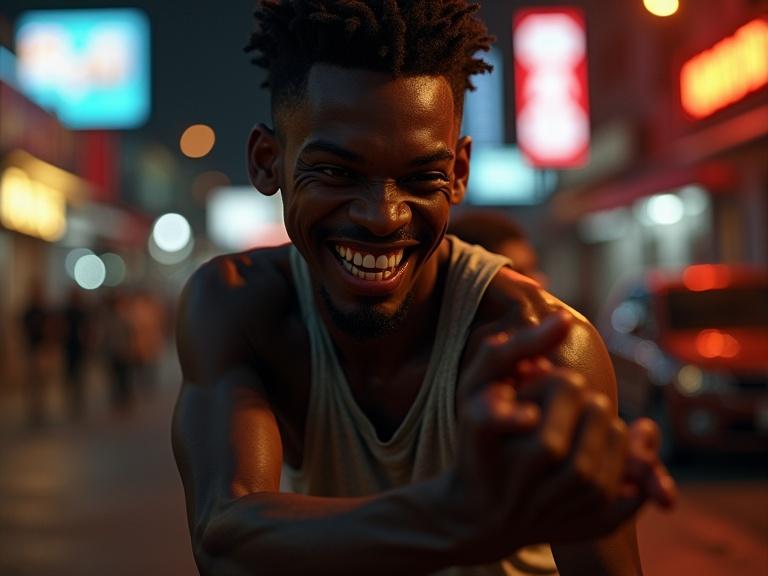 Focused on a young male in an urban night setting, smirking with excitement. Scene has dramatic lighting and background blurred street context. Captured in a realistic manner emphasizing energy and personality.