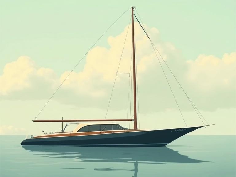 Side view of a classic 1964 yacht floating on calm water. Yacht features sleek hull and elegant lines. Background is soft cloudy sky with muted colors. Style influenced by René Magritte’s art.