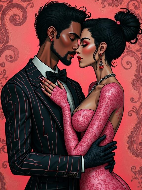 Couple in an intimate pose against a contrasting background. Shades of pink and black with intricate skin patterns. Pin-striped and paisley details present. Classically themed with Harlem Renaissance influence. Hyperdetailed style reminiscent of Kandinsky and Studio Ghibli.