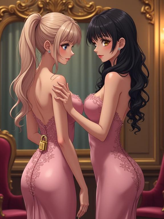 Elegant women in silky pink dresses. A dominant figure with a nurturing gaze beside a surprised crossdresser. Padlock at the back symbolizes commitment. Opulent vanity room with soft lighting and ornate mirrors. Stylish anime illustration captures playful dynamics.