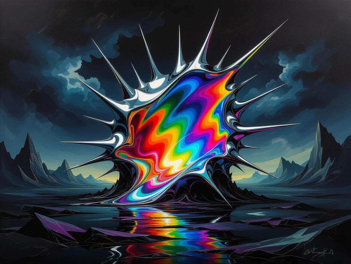 Artistic masterpiece. Oil painting with extreme impasto style. Dark fantasy landscape. Abstract splash of chrome with sharp thorns. Polished iridescent surface. Vibrant holographic colors.