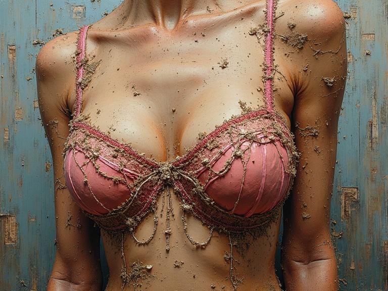 3D multi-layered lingerie catsuit made of various textures. Featuring oil painting elements and collage with newspaper, jute fibers, wood, sand, and confetti. Showcases thickness and surface feel with luminous colors. Beautiful composition with scratches and tears.