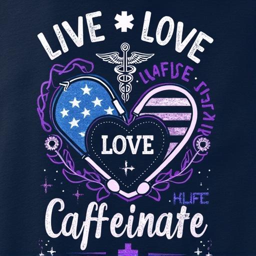 Dark heather t-shirt design features medical symbols in gradient blue and purple colors. Phrase LIVE LOVE CAFFEINATE at the top. A caduceus symbol and heart-shaped stethoscope shown. Includes decorative stars and an American flag with NURSE text. Design honors healthcare workers and celebrates caffeine's role in long shifts. Feminine, inspirational style with a humorous twist on healthcare work.