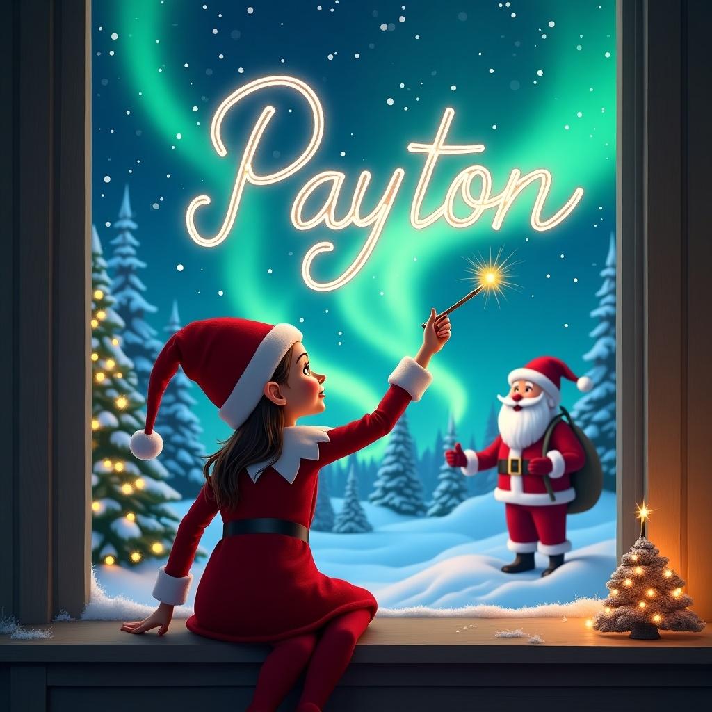 A young girl dressed as an elf sits with her back to the viewer. She faces a magical night sky, using her wand to write the name 'Payton' in elegant, glowing letters. The background features a snowy landscape illuminated by vibrant Northern Lights. Santa Claus stands nearby, adding to the festive atmosphere. The cozy interior of a room frames the scene, enhancing the holiday spirit. Sparkling decorations and a small Christmas tree are visible in the corner.