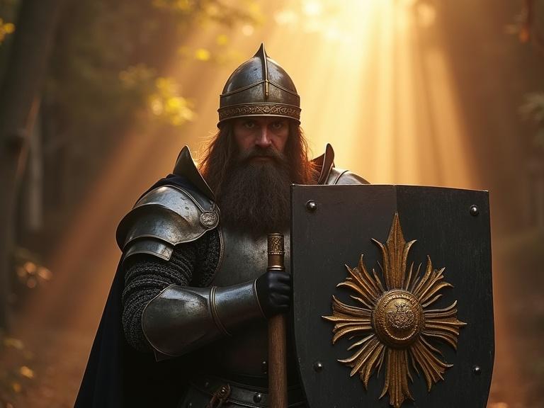 A majestic medieval cleric in full plate armor holds a large steel shield with a golden sun design. He crouches defensively with a war hammer in hand. Sun rays illuminate the scene dramatically.