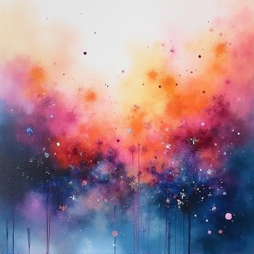 Abstract image depicting a colorful field painted with watercolor techniques. Features vibrant hues of orange pink and purple combined with textures created by salt. Evokes a cosmic feel.