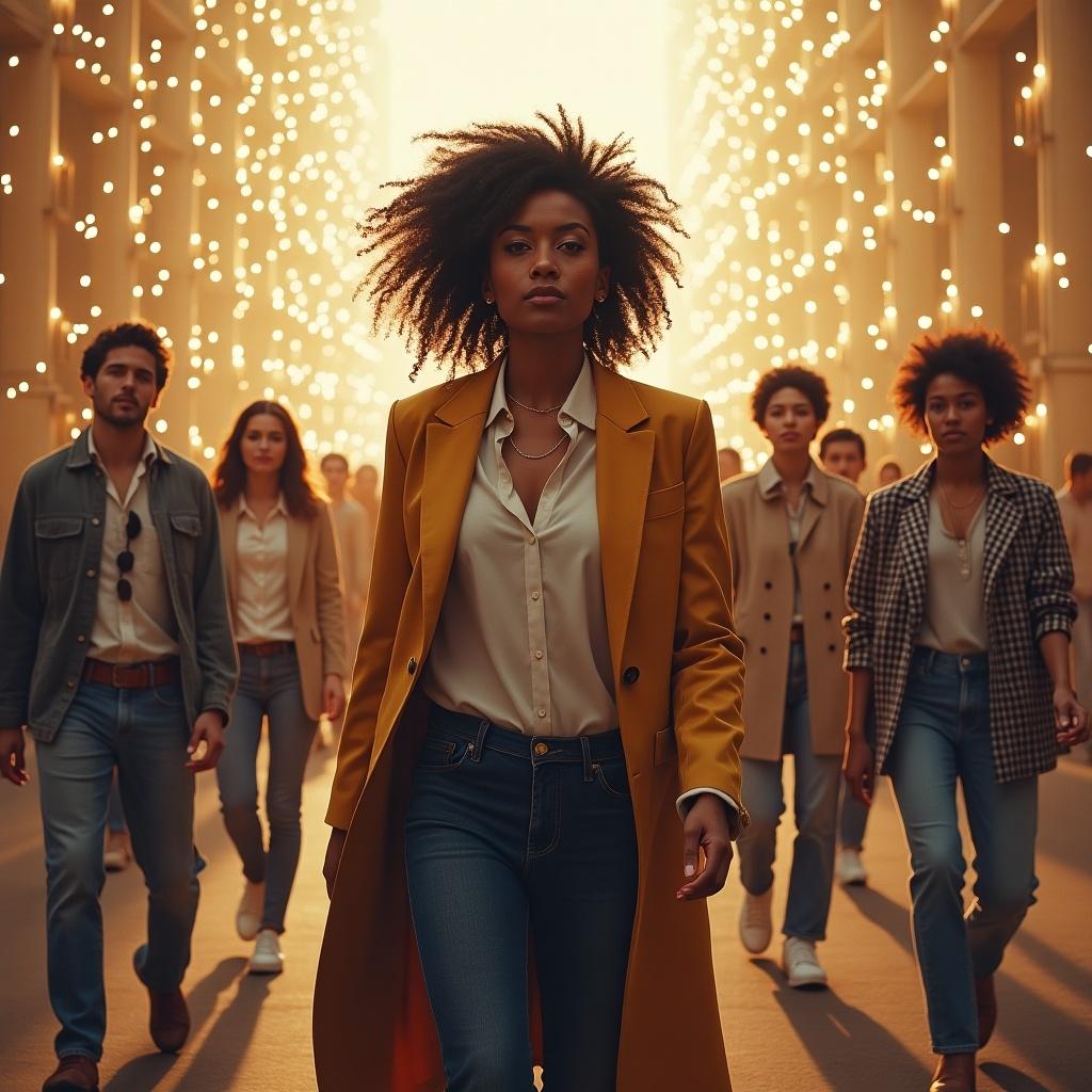 Group of stylish individuals walking together. The woman at the front leads confidently. Bright lights in the background create a warm glow. Everyone is dressed in contemporary fashion reflecting modern trends.