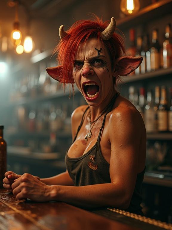 mutated female bartender with short messy red hair partially transformed into a cow with one human and one cow ear an angry scream at customers one pink cow nose muscular arms tight tank top cowhide skin patches behind bar counter chaotic atmosphere with shaking bottles high detail