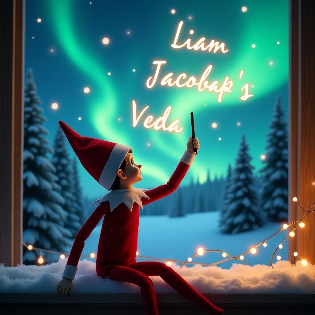 An enchanting Christmas scene featuring an elf on the shelf, who is facing the sky with his back to the viewer. The elf is dressed in red and white and wields a magic wand, writing 'Liam', 'Jacob', and 'Veda' in a glowing script above him. The backdrop is adorned with vibrant northern lights, adding a magical ambiance. The scene portrays the spirit of Christmas, filled with whimsy and excitement. The elf's position and action create a sense of wonder that captures the joy of the holiday season.