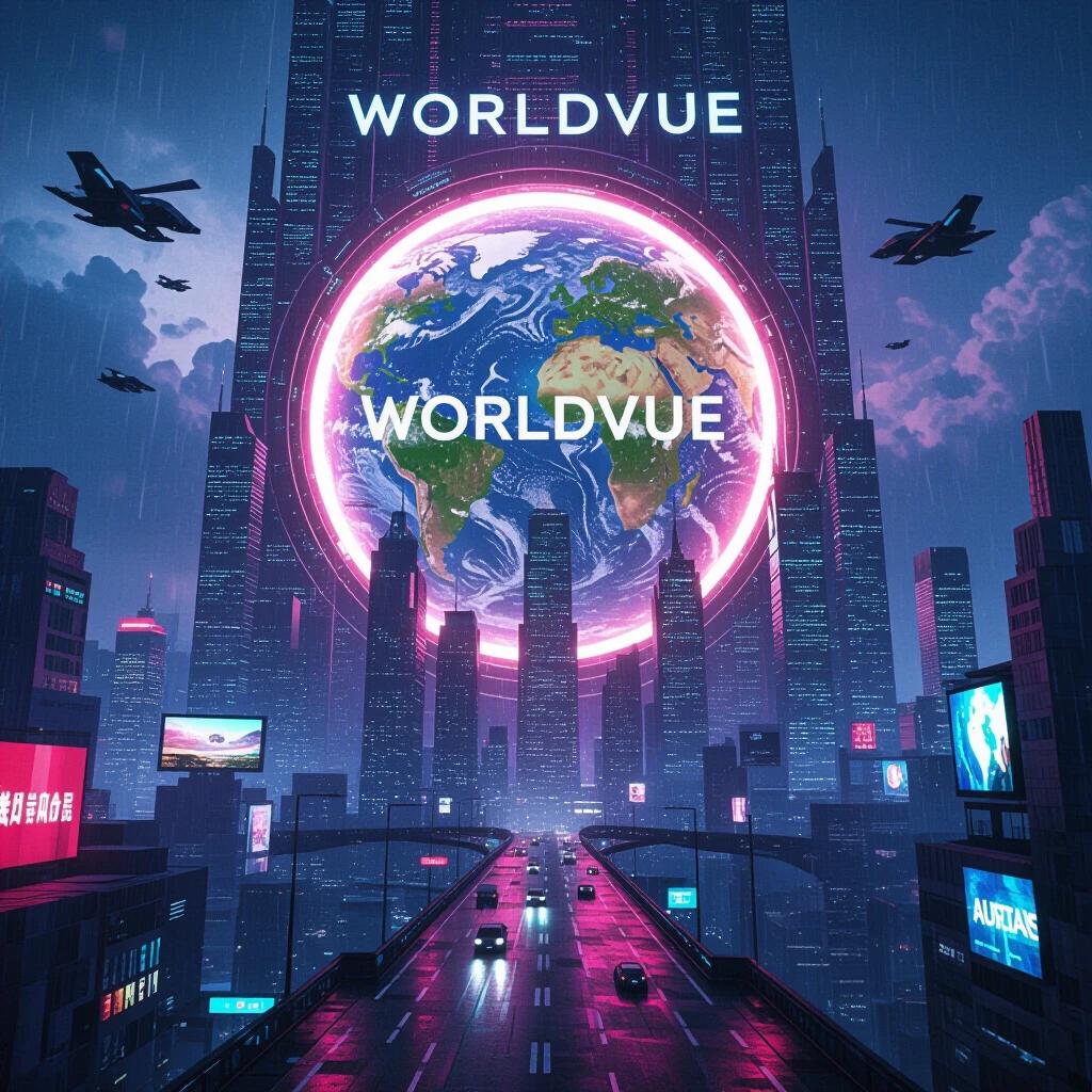 A dramatic cyberpunk city skyline features the word WorldVue. A colossal glowing portal showcases diverse global landscapes. Neon lights illuminate towering skyscrapers. Flying vehicles cross an energetic sky. The environment appears rainy and vibrant. Concept art is highly detailed and immersive.