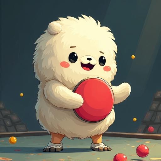 A cute polar bear character is playing ping pong in a playful environment. The style is pixel art with bright colors. The bear has a happy expression and is engaged in the game.