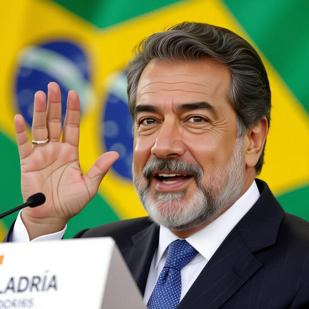 Image features a person in a suit raising their hand during a speech. In the background is a Brazilian flag. The setting suggests a formal political event. The expression of the person reflects engagement and authority.