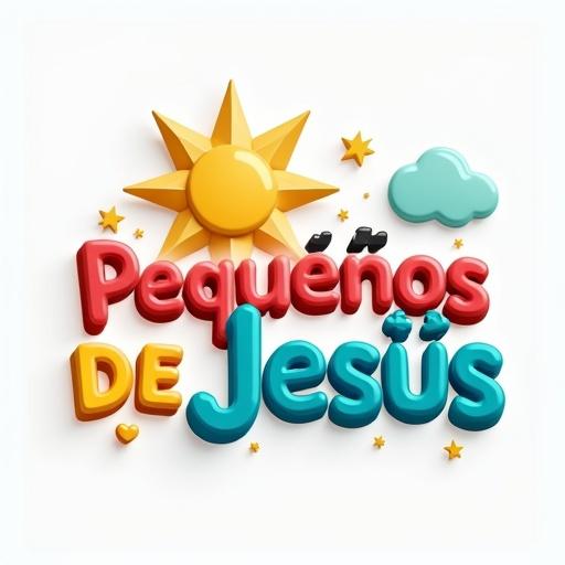 Create a 3D logo for a Christian children's toy brand called 'Pequeños de Jesús'. Include vibrant colors like sky blue red yellow green and lilac. Add eye-catching visual elements such as building blocks stars rainbows hearts and small crosses. Include celestial details like a bright cloud or golden halo. The name 'Pequeños de Jesús' should be in round colorful 3D letters with a playful modern childlike design. The design should convey joy faith tenderness and trust for Christian parents.