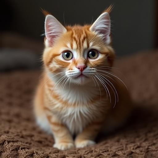 A small orange kitten with green eyes sits near a monitor. The kitten looks curious and cute, showcasing its fluffy fur against a soft brown background.