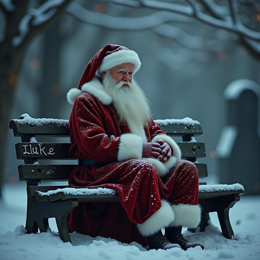 Father Christmas sits on a bench in a snowy cemetery. Bench has 'Luke' engraved. Tranquil scene conveys a festive yet somber vibe.