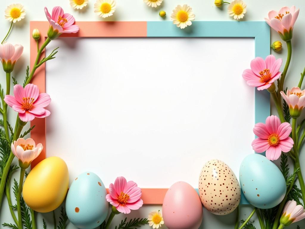 Create an Easter greeting card design featuring decorative eggs and spring flowers. The background should have a vibrant frame with soft colors that represent the season. Include speckled eggs placed on either side of a blank card in the center. Surround the card with delicate spring flowers, enhancing the festive atmosphere. Leave ample copy space in the center for a personal message or greeting.