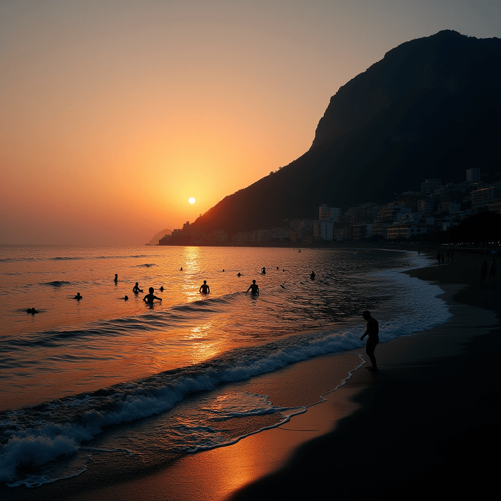 People swim in the ocean as the sun sets behind a mountain, casting an orange glow over the water.