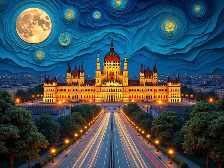 A vibrant digital art piece showcasing the Palace of Parliament in Bucharest at night.Exposé of detailed architectural structures under a full moon.Soft hues of blue interspersed with metallic gold and bronze layers create an engaging atmosphere.Kaleidoscope of colors reflecting from the city lights.Additional trees lining the boulevard contribute to the full frame composition.Texas style inspired by Vincent Van Gogh's starry night brings unique artistry to the cityscape.