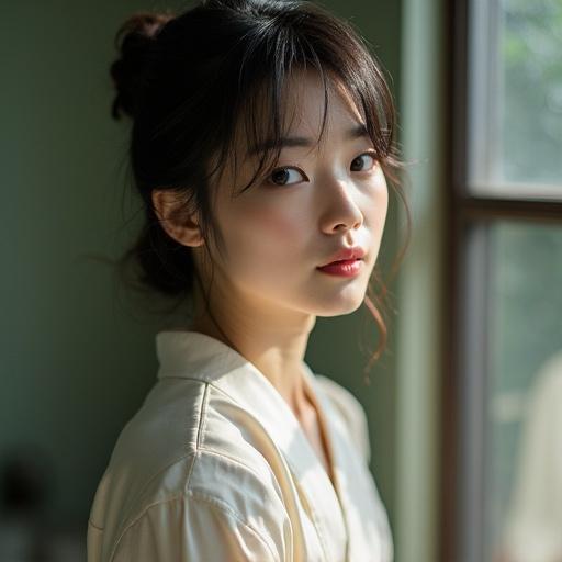 A Japanese actress poses in a serene indoor setting. Natural light fills the room. The actress wears a light-colored top. Hair is styled naturally. The focus is on her figure and soft attributes. No face is visible but the emotion of tranquility is captured.