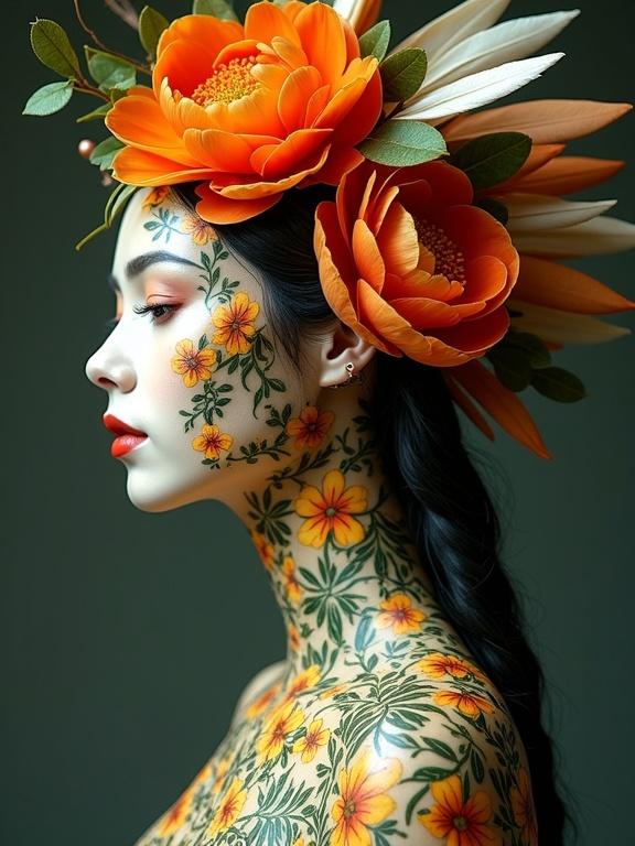 Indigenous woman made of porcelain. Skin covered in dark green leaves, vines, and yellow and orange flowers. Head adorned with a crown of orange peonies and white and orange feathers.