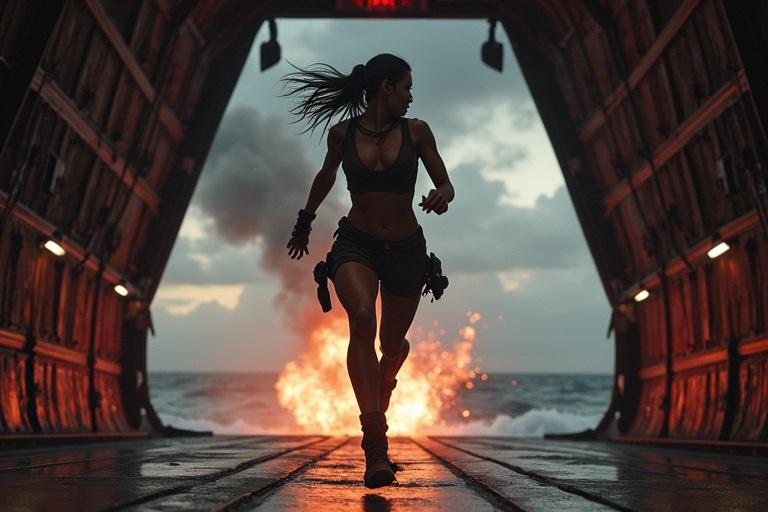 Dramatic shot outside cargo plane over ocean stormy sky. Wide open rear cargo door. Lara sprinting with grenade in hand. Dark crop top and tactical shorts. High-intensity cinematic moment before grenade detonation.