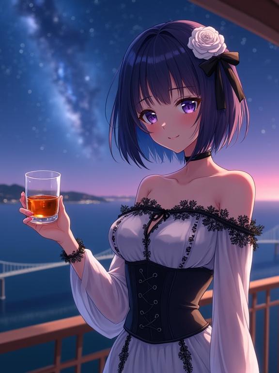Beautiful anime-style lady on hotel veranda at night. Holding glass of amber liquor with confident smile. Short dark violet hair with rose and ribbon. Elegant off-shoulder dress with translucent sleeves. Scenic view of Akashi Kaikyō Bridge and Milky Way in background.