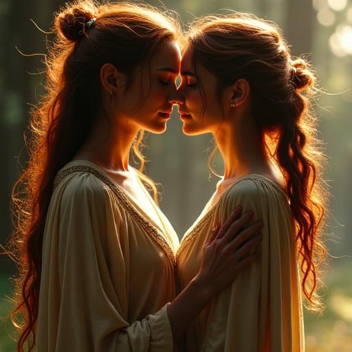 Wood elf features expressing intimacy. Rich amber eyes glowing with warmth. Blush on high cheekbones from a kiss. Lips slightly parted and glistening. Dark auburn hair flowing around shoulders. Cleric robes accentuating waist and hips. Elegant movements. Connection to the wild with a grounding presence.