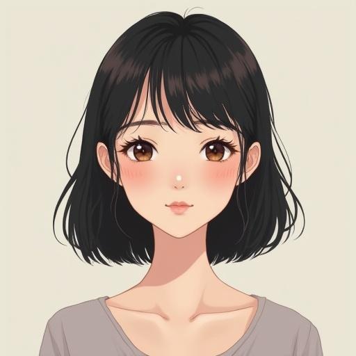 A 25-year-old woman has a full bust seen through her clothing. She has shoulder-length black hair with a soft texture. The expression is calm and gentle. The background is simple and neutral. The style is semi-realistic with detailed skin texture.
