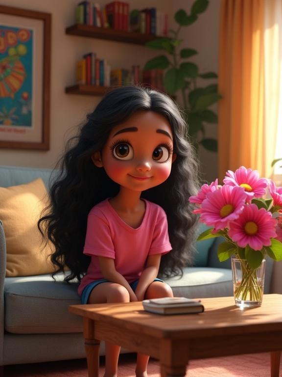 Young girl with long curly black hair wearing a pink shirt and blue shorts. She sits on a gray couch in a cozy living room. Colorful artwork decorates the walls and shelves filled with books. Sunlight illuminates the scene. A vase of fresh flowers is on the wooden coffee table.