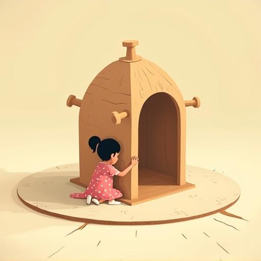 A flat-style children's illustration featuring Layla inside a minimal wooden house. The house has five pillars and a dome roof. The scene is set on a large off-white rug. Layla, wearing a pink polka-dot dress and white shoes, sits inside the structure, looking fearful. The roof and floor have visible cracks. Sunlight creates flickering shadows. The illustration features soft warm colors and a symbolic feeling.