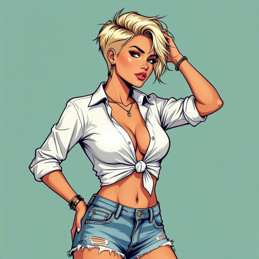 Portrait of a fashionable woman in a comic style. White knotted shirt above ripped denim shorts. Straw-blonde short hair styled in punk fashion. Confident pose with one hand on the hip. Bold lines with photorealistic colors. Bright pastel background.