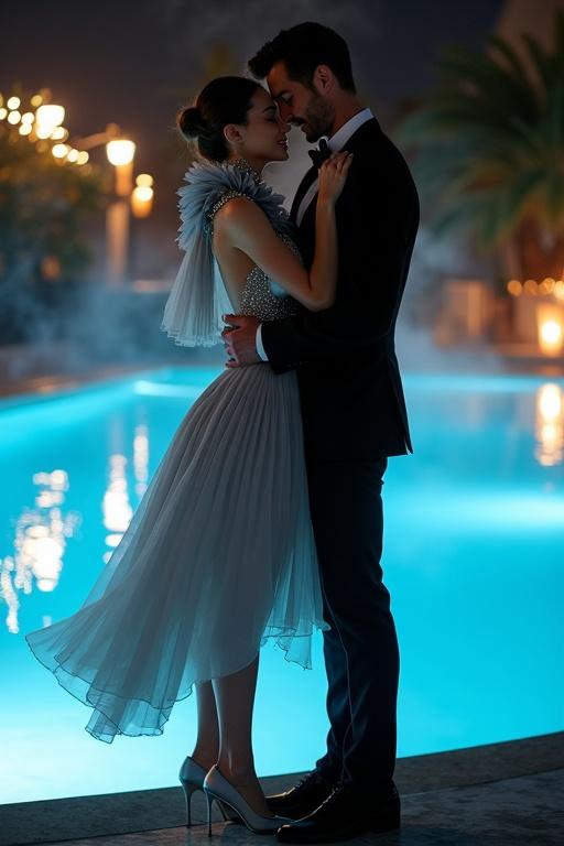 Two figures embrace at an illuminated infinity pool at night. An androgynous male wears avant-garde ensemble. A silver silk organza crop top with ruffles and shimmering details. High-waisted pleated silk taffeta skirt. His boyfriend in a tailored black suit holds him at the waist. Warm smiles create an intimate moment. They are almost close, sharing affection. Glistening stilettos reflect the wet marble. Underwater lights cast blue across their skin. Twinkling lights and steam create a dreamy atmosphere.