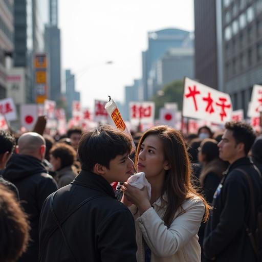 The image captures a crowd in Japan expressing discontent through a protest march. The scene shows a couple engaging amidst a sea of participants. Banners and flags accentuate the emotional undertone of the demonstration.