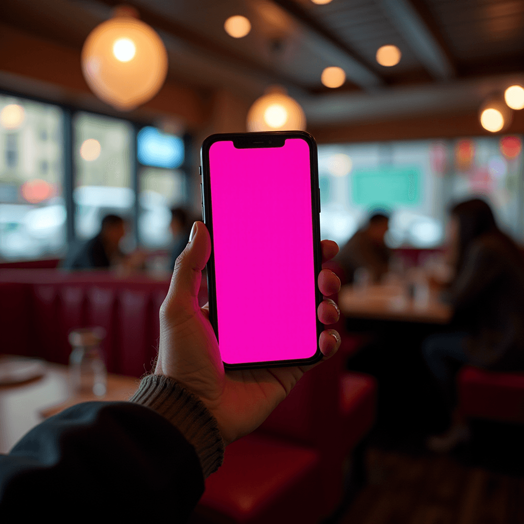 A person holds a smartphone with a bright pink screen in a warmly lit cafe with red booth seating and blurred patrons in the background.