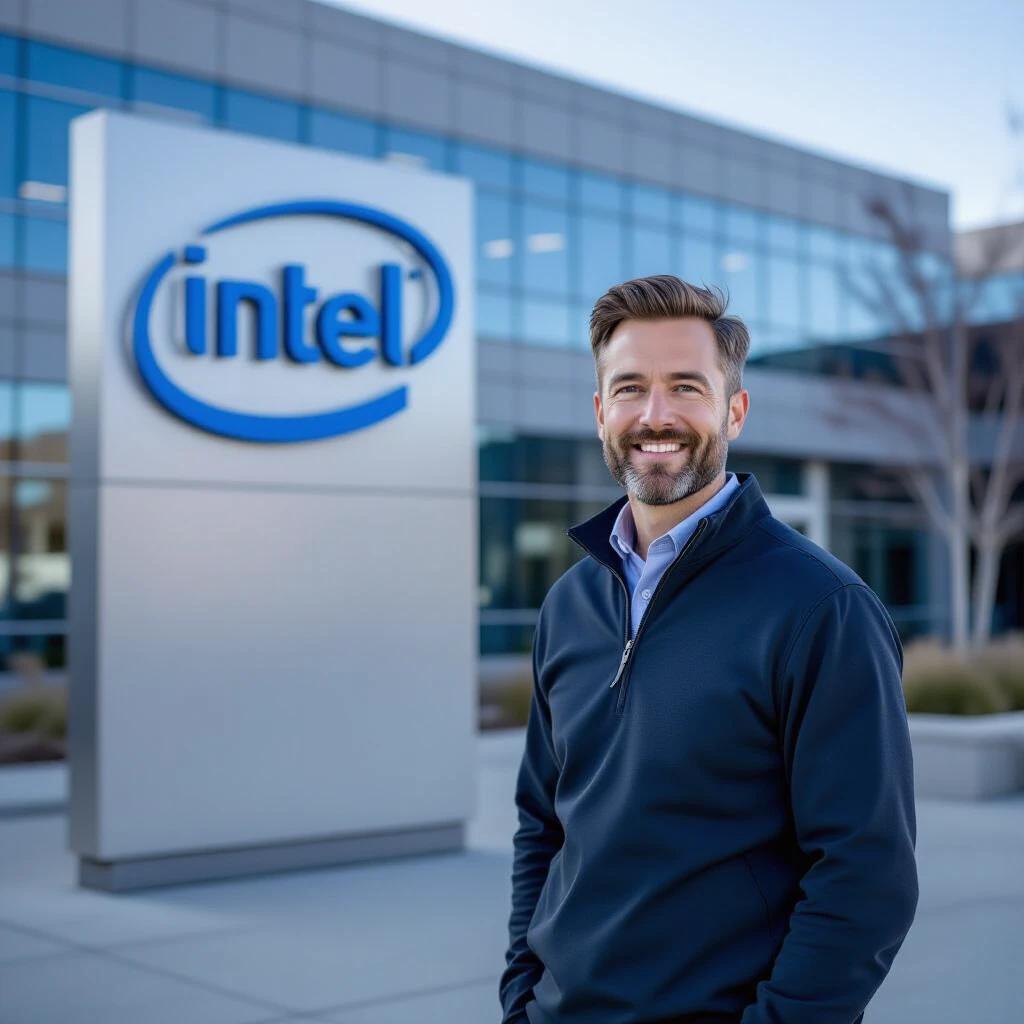 A man stands outside Intel Corporation. The focus is on company branding. The setting is realistic and professional.