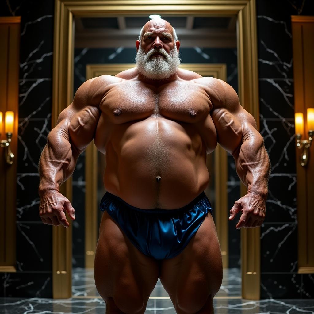 A low angle medium shot of an elderly bodybuilder. Bodybuilder has a massive muscular physique. Skin is oiled and glistening. Dramatic studio lighting emphasizes textures. Wearing rich blue silk posing brief. Setting is an Art Deco-inspired chamber with gold-leaf accents. Overall atmosphere conveys strength and dignity.