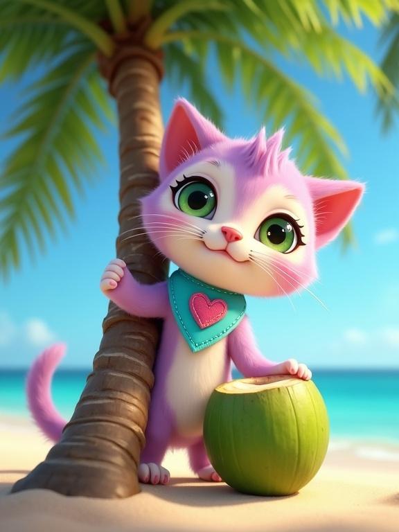 Fluffy anthropomorphic kitten with pastel pink and lavender fur. Creamy white belly with a light blue bandana. Climbs palm tree on tropical beach. Reaching for green coconut. Blue sky and ocean in the background. Cute and comical Pixar-style.