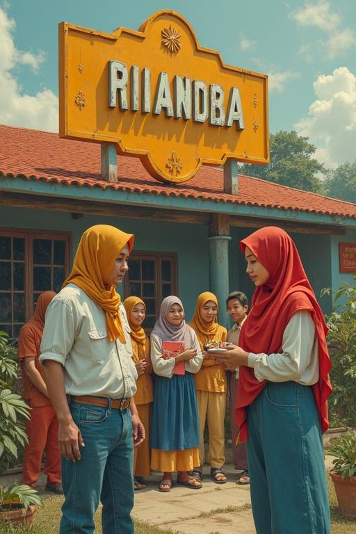 School setting featuring students in traditional clothing. A vibrant sign with the name of the school above. Two main figures in conversation. A group of students in the background. Natural setting with greenery.